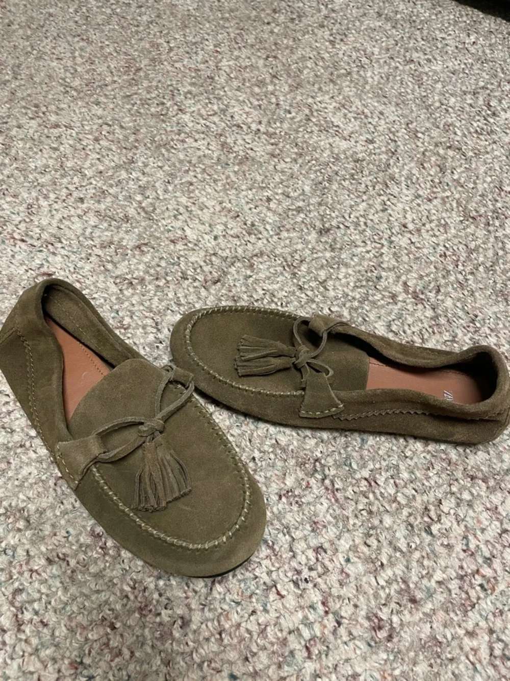 Zara Olive Green Suede Tassel flat Loafers - Picture 1 of 9
